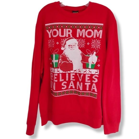 Fifth Sun Red Santa Tee-shirt Your Mom Believes In Santa LS Men's XL - Picture 1 of 9